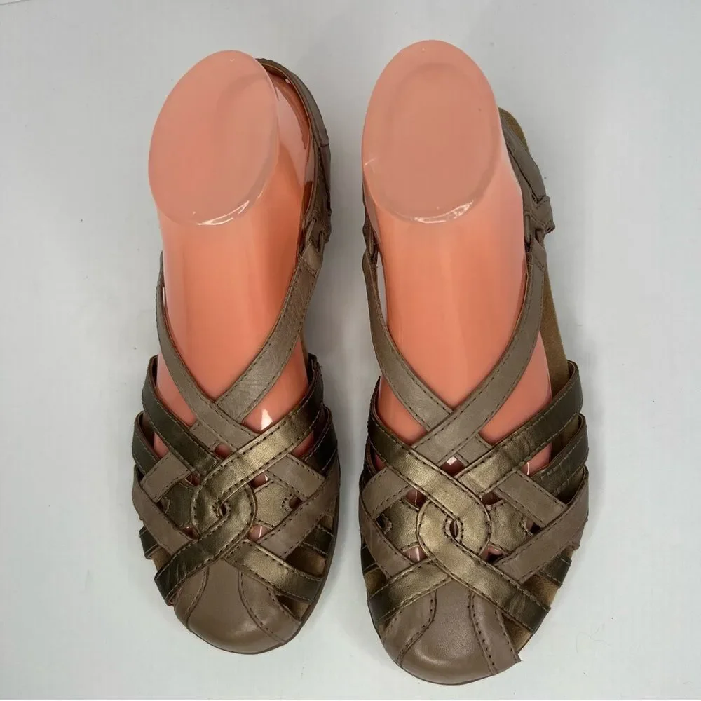 NWOT! Earth Origins Berri Woven Casual Round Slip-On Tan Leather Sandals Sz 9N